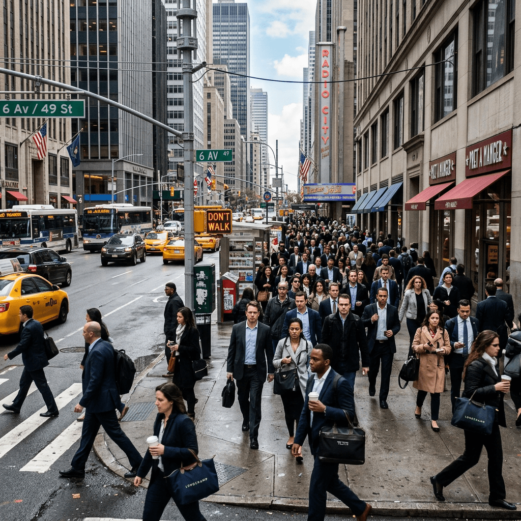 Crowd of business people walking on a Midtown Manhattan sidewalk near Radio City Music Hall