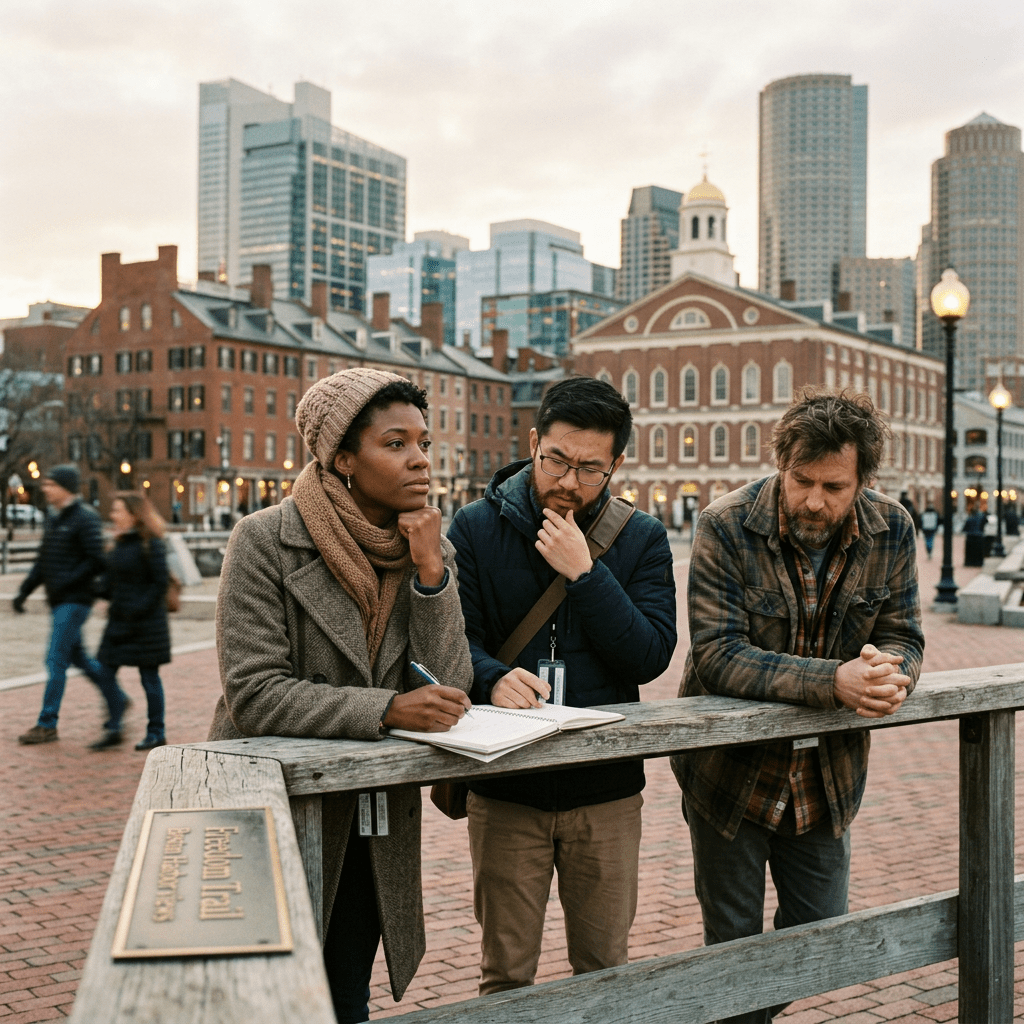 Three people standing at a wooden railing with notebook, Boston's historic buildings and skyline in background